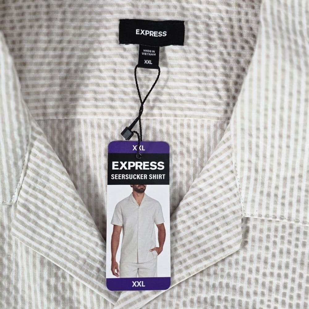 NWT Express Mens XXL Tan With White Stripes Seersucker Short Sleeve Shirt