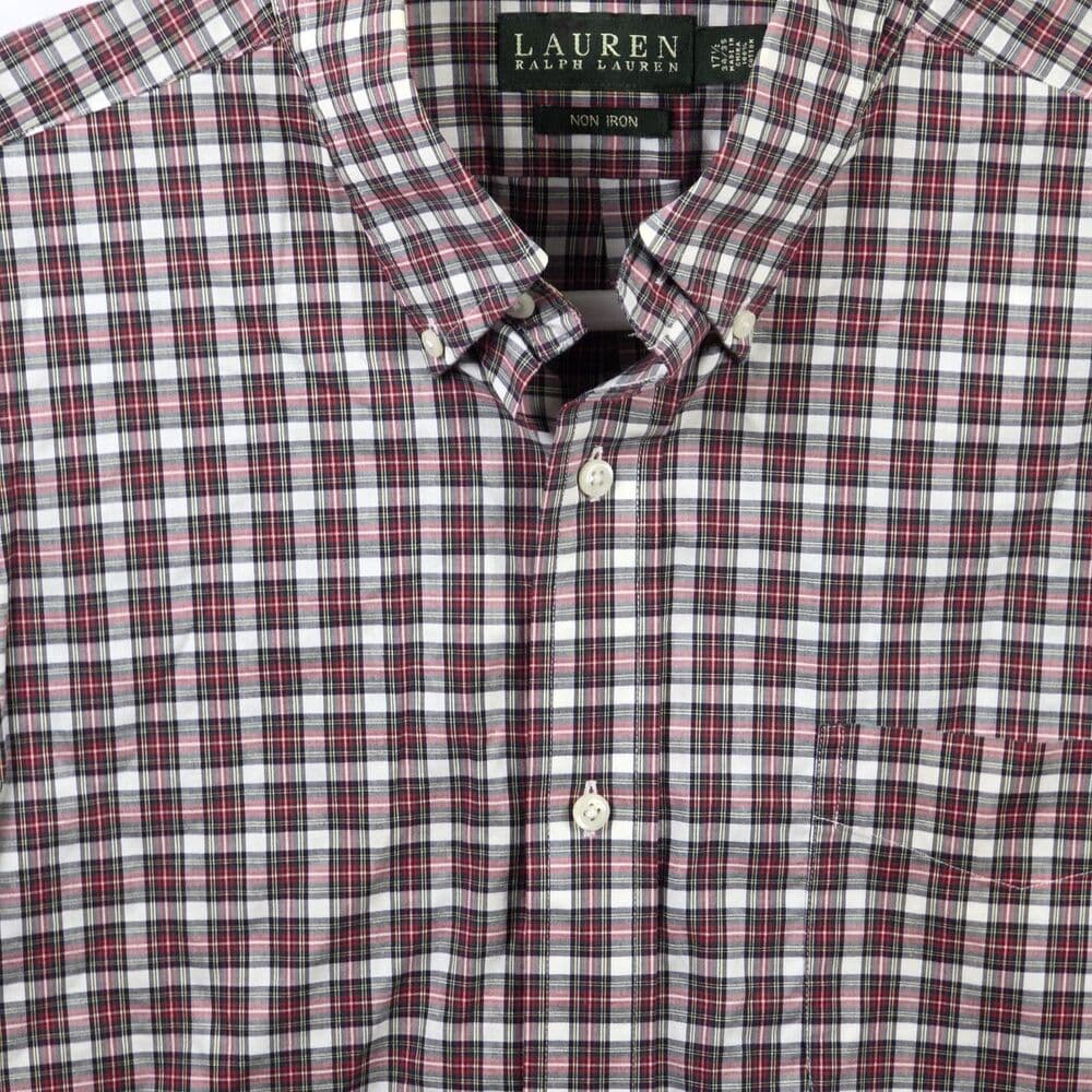 Lauren Ralph Lauren Size 17.5/34-35 Gingham Burgundy Plaid Button Up Shirt
