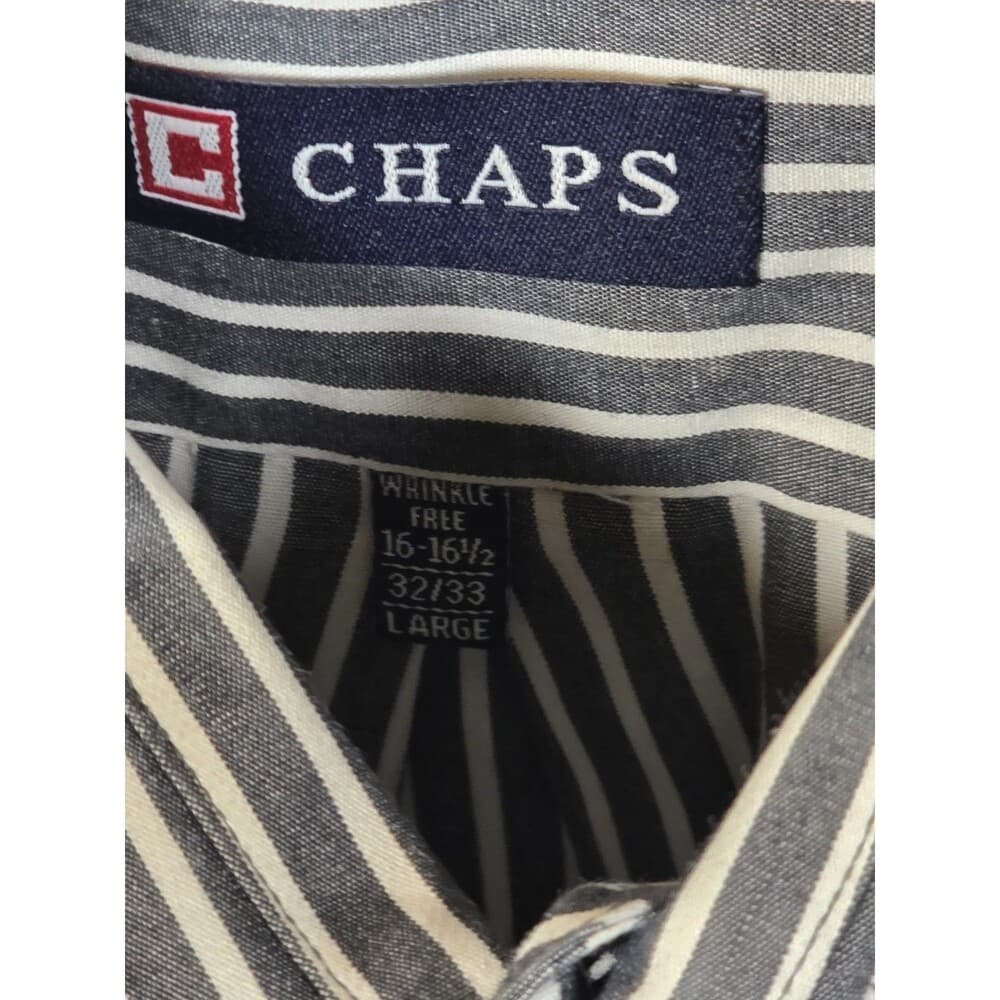 Chaps Men's L 16-16.5 / 32-33 Dark Grey And White Stripe Long Sleeve Shirt