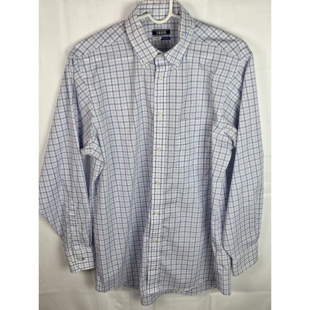 Izod Men's Medium 15-15.5 /32-33 White Striped Button-Down Long Sleeve Shirt