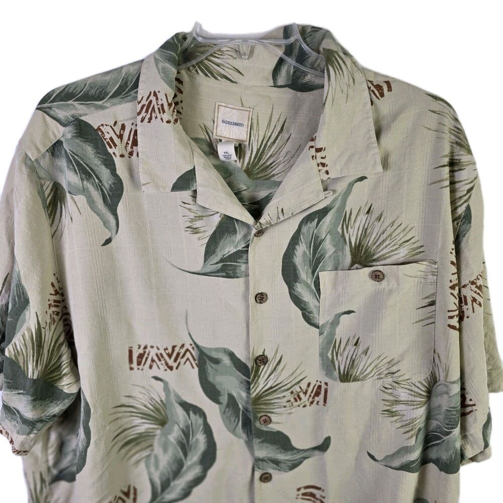 Saddlebred Men’s Tan XXL Silk Hawaiian Floral Short Sleeves Button Down Shirt