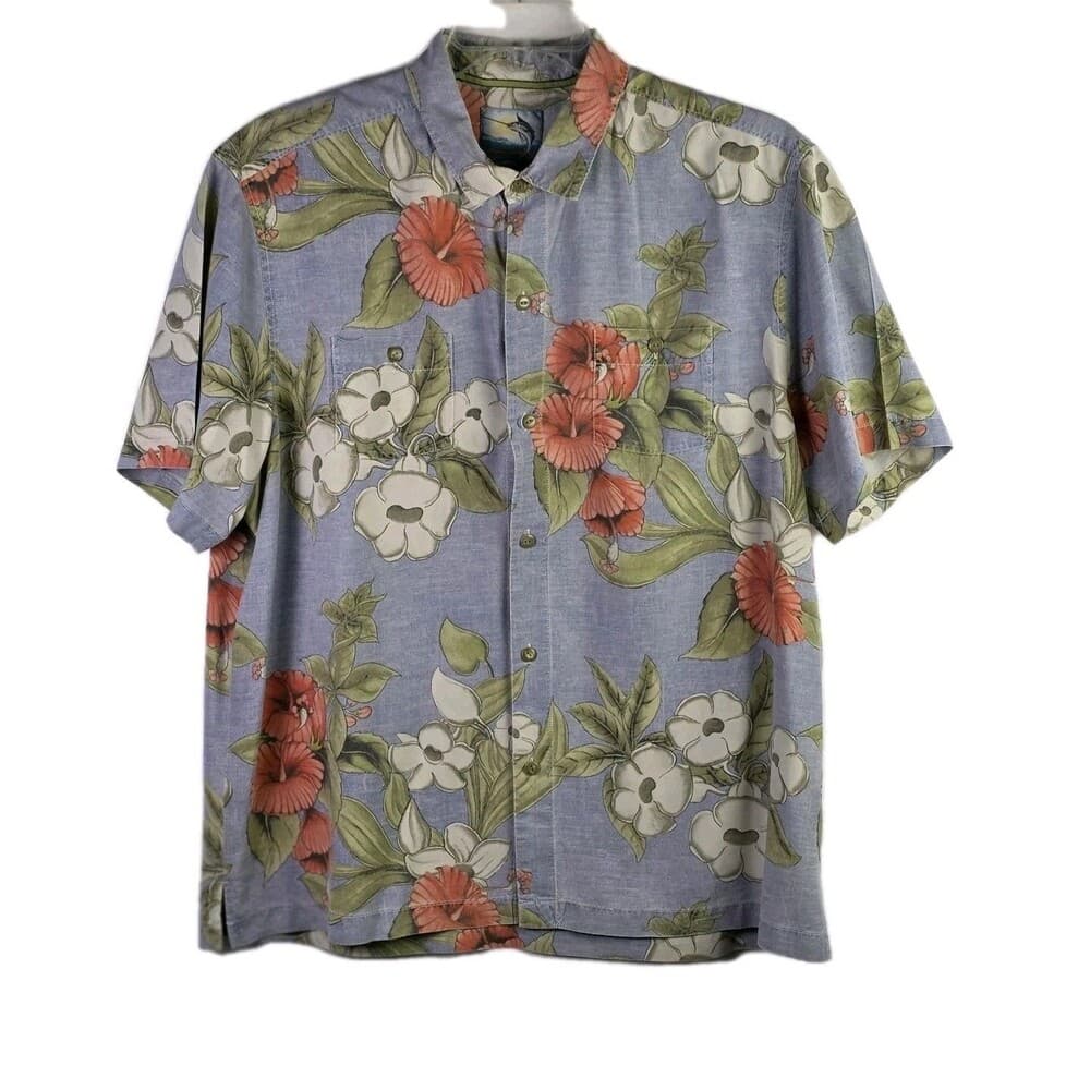 Tommy Bahama Shirt Mens XL Blue Floral Print Vintage Island Modern Fit Silk