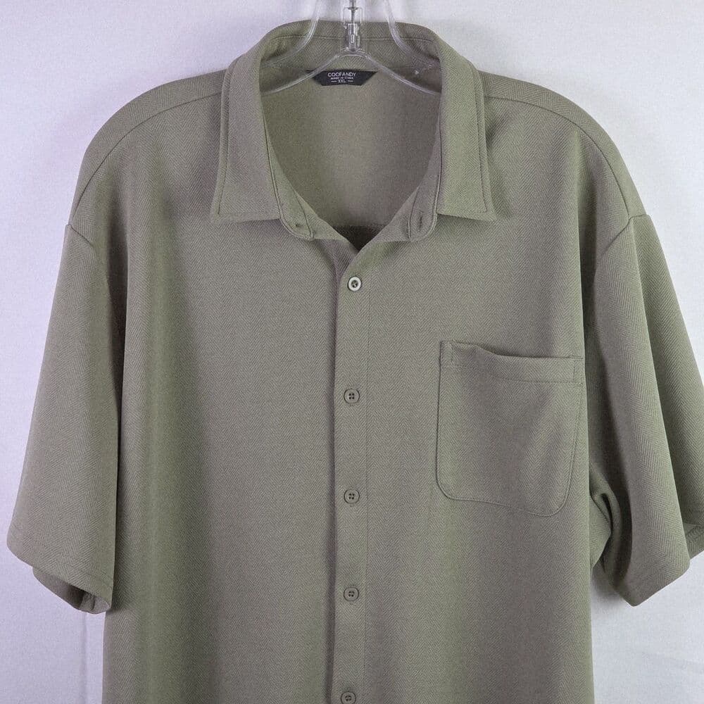 COOFANDY Mens Olive Short Sleeve Cuban Collar Shirt Casual Button Down XL
