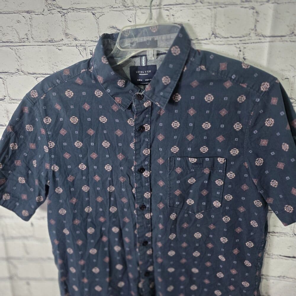 Level Ten Mens Small Blue Geometric Short Sleeve Button Up Shirt