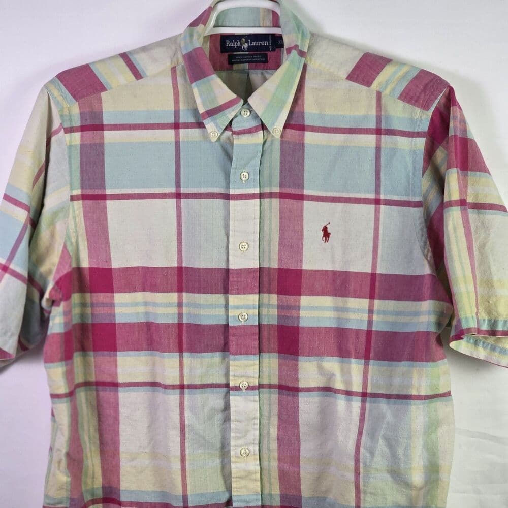 Ralph Lauren Men's Large Plaid Color Block Short Sleeve Button Up Shirt