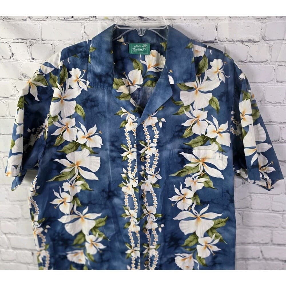 Jade Fashions Men's Large Hawaiian Tan and Blue S/S Button Down Shirt