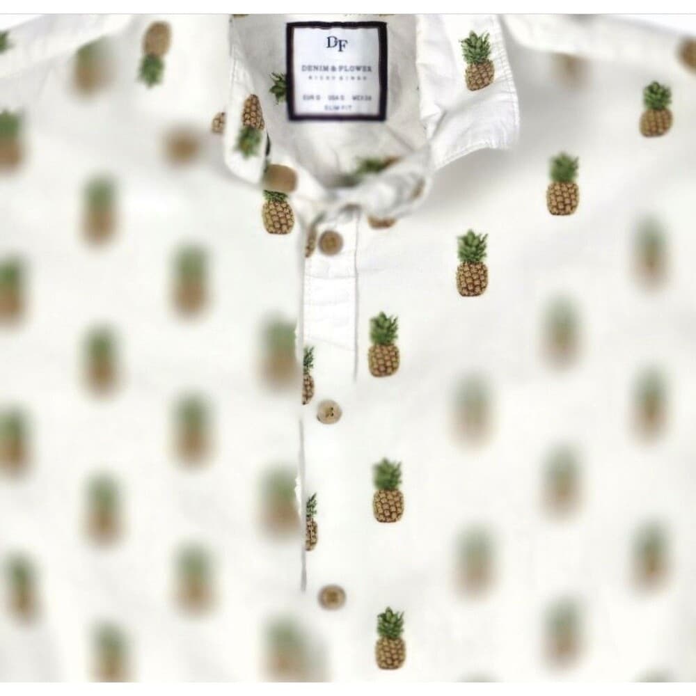 Denim & Flower Ricky Singh Men's Small Slim Fit Pineapples Short Sleeve Shirt