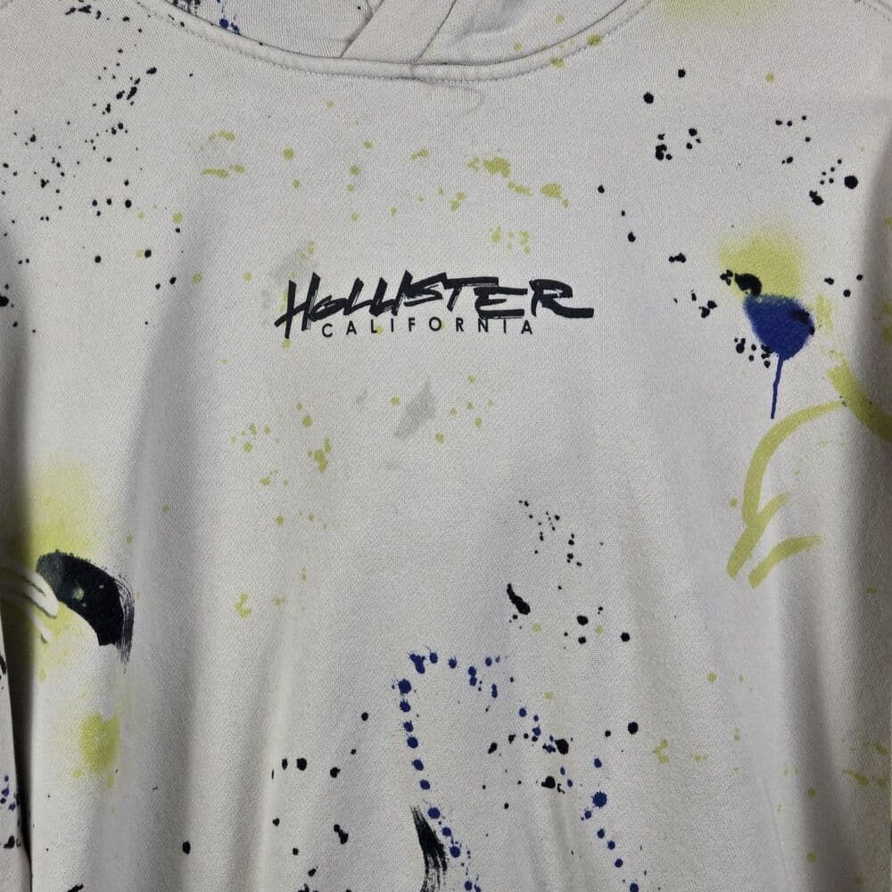 Hollister Men's Medium White Paint Splatter Streetwear Hoodie