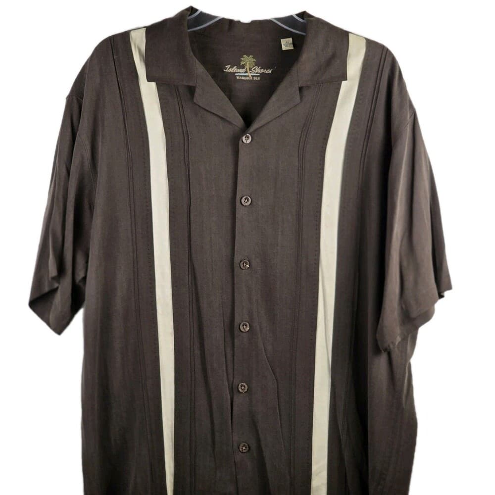 Island Shores 100% Silk Men's Large Brown Cuban Short Sleeve Shirt