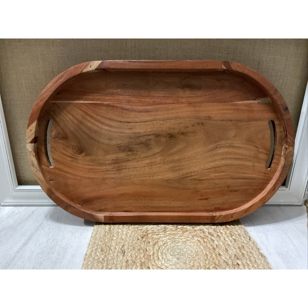 Hand Carved Large 22” Oval Wooden Tray W/ Handles Charcuterie