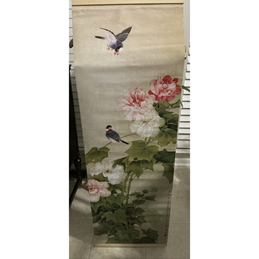 Mural Flower Bird Lotus Vinyl Tapestry Painting Fabric Art Hanging Picture 47”