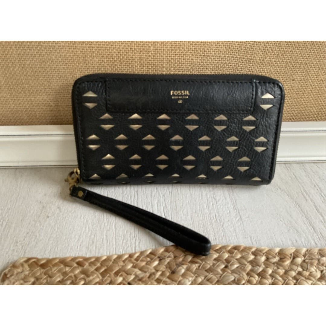 Fossil Leather Wallet Wristlet for Women black gold Zip Around 8" X 4"