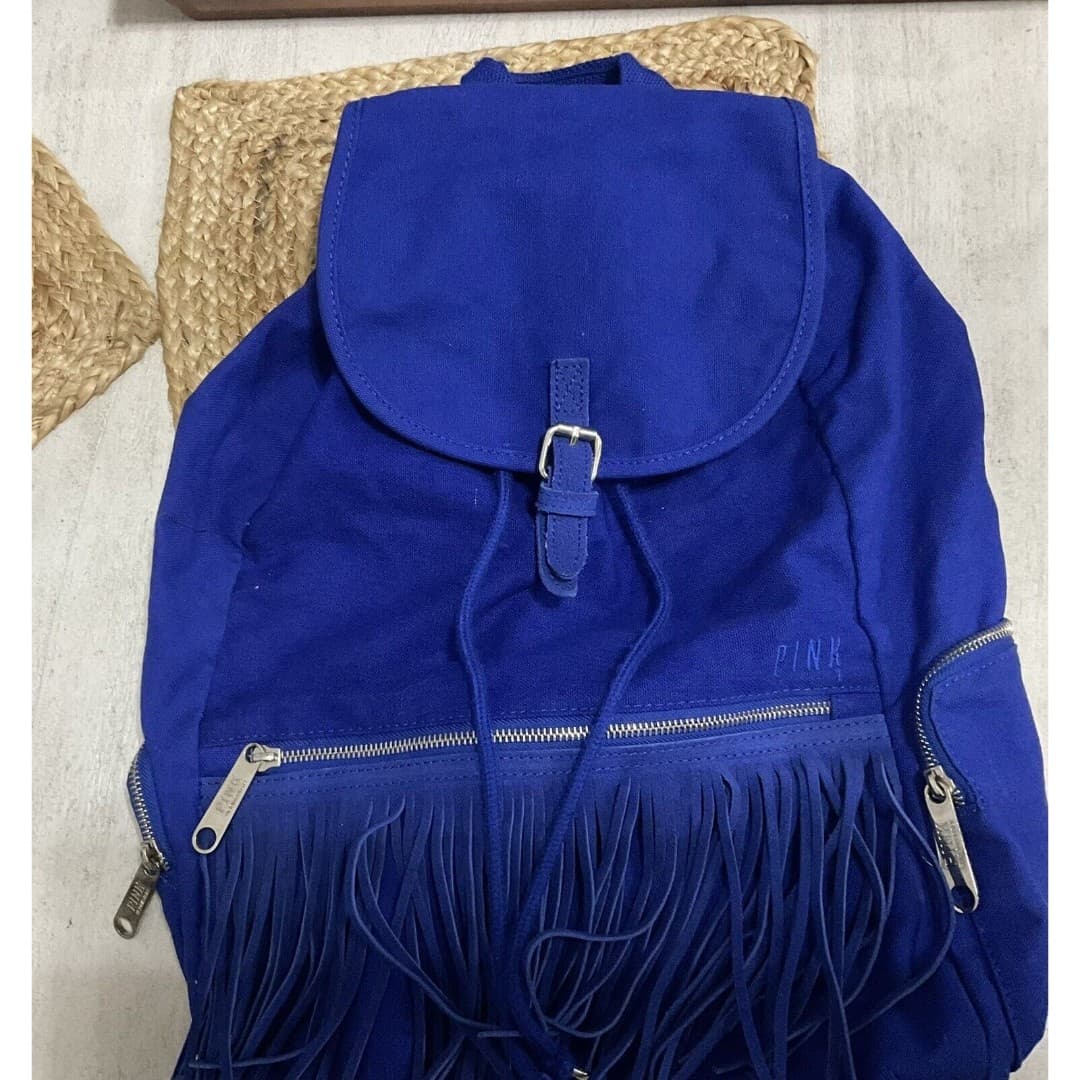 Victorias Secret PINK School Backpack Blue Denim Fringe