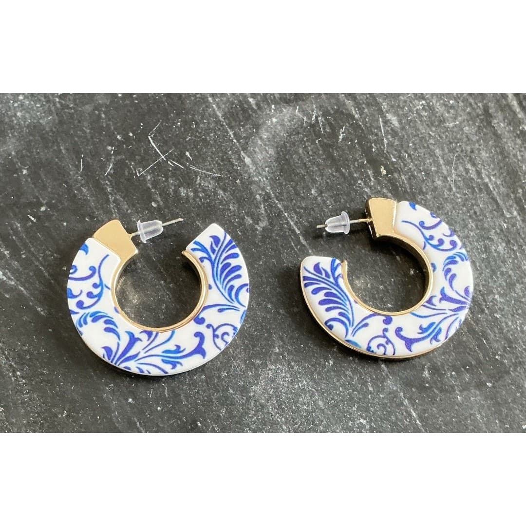 Blue White Pearlescent Chinoiserie Gold Tone Metal Back Hoop Earrings