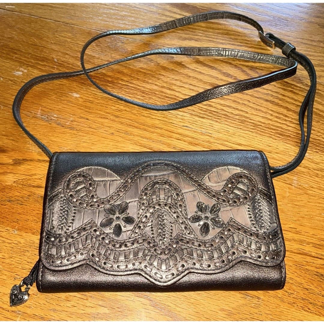 Vintage Brighton Silver Metallic Embossed Leather Crossbody Handbag