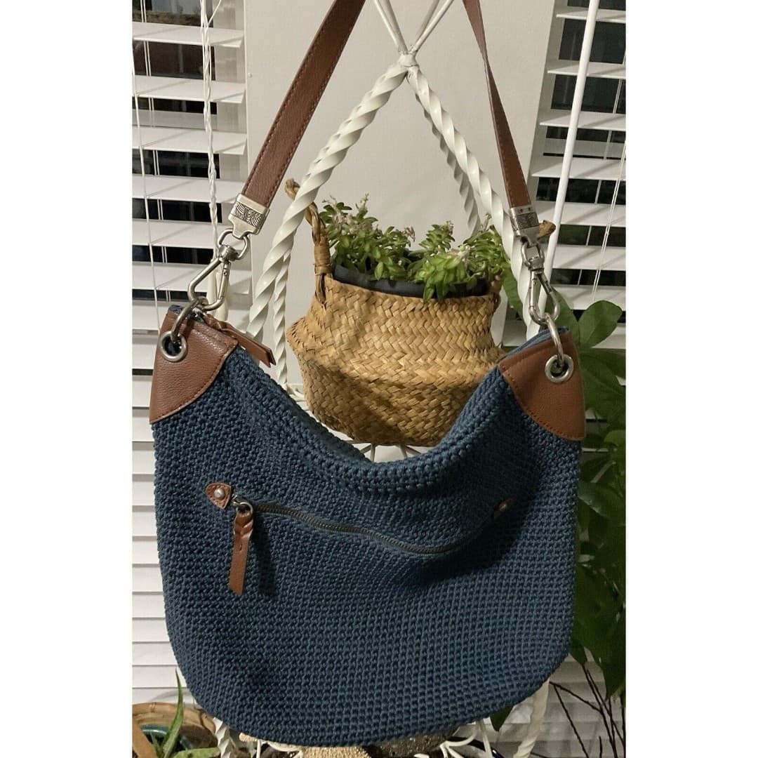 The Sak Large Crochet Navy Blue Shoulder Bag With Brown Leather Woven Straps