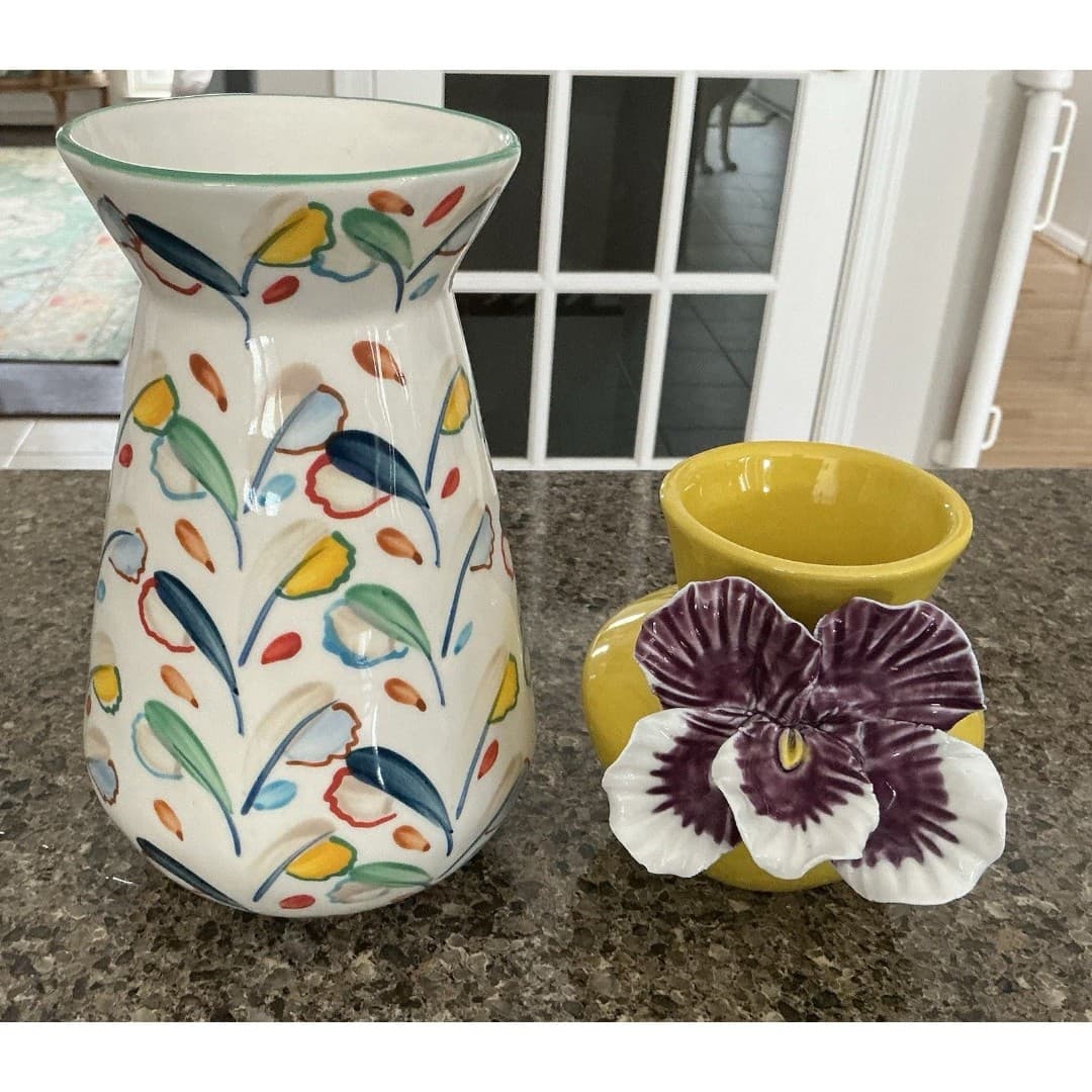 ANTHROPOLOGIE Ceramic Copen Vase & Yellow W/Purple Pansy 3D Flower Vase