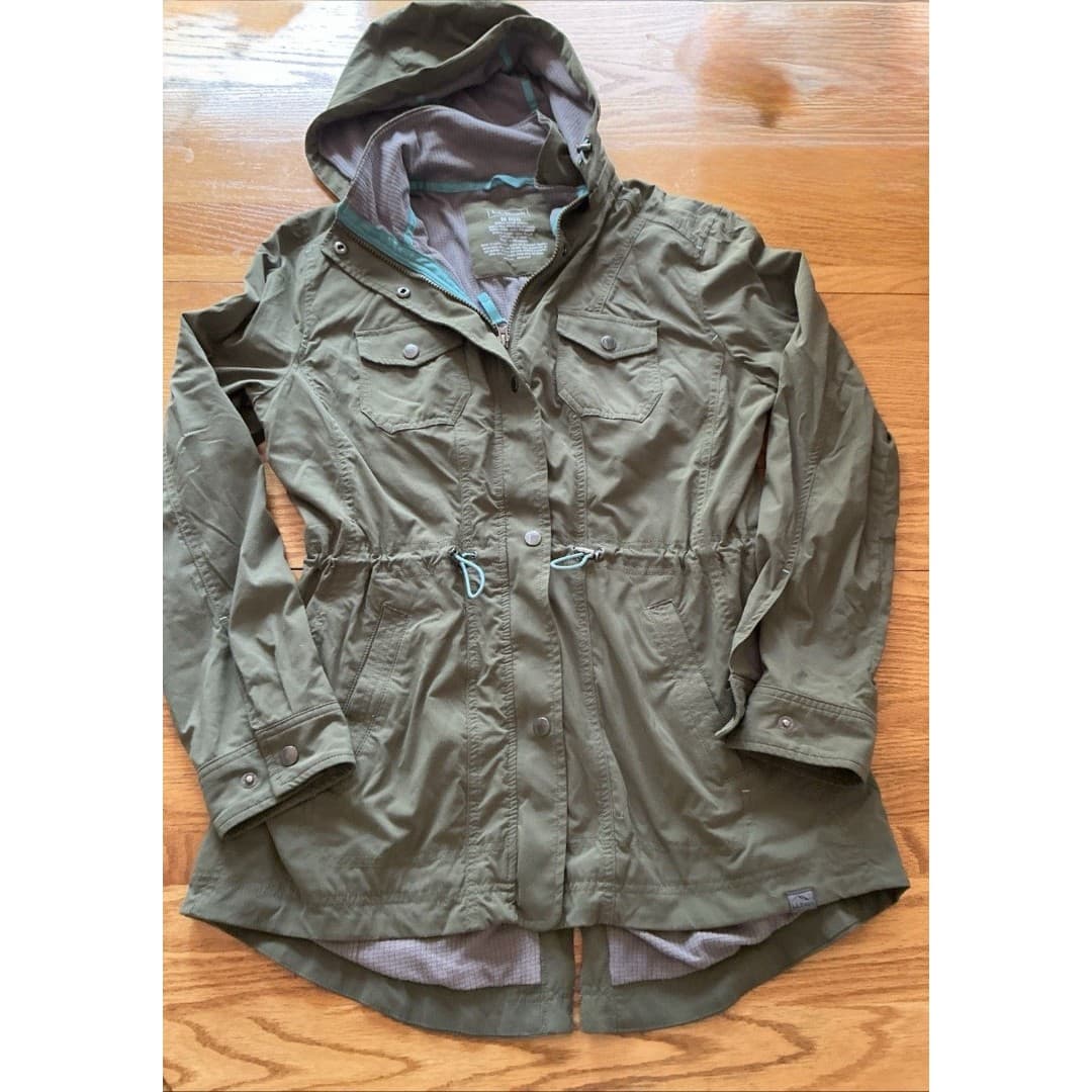 L.L.Bean Jacket Womens Med Green Hooded Utility Anorak Drawstring Waist Lined