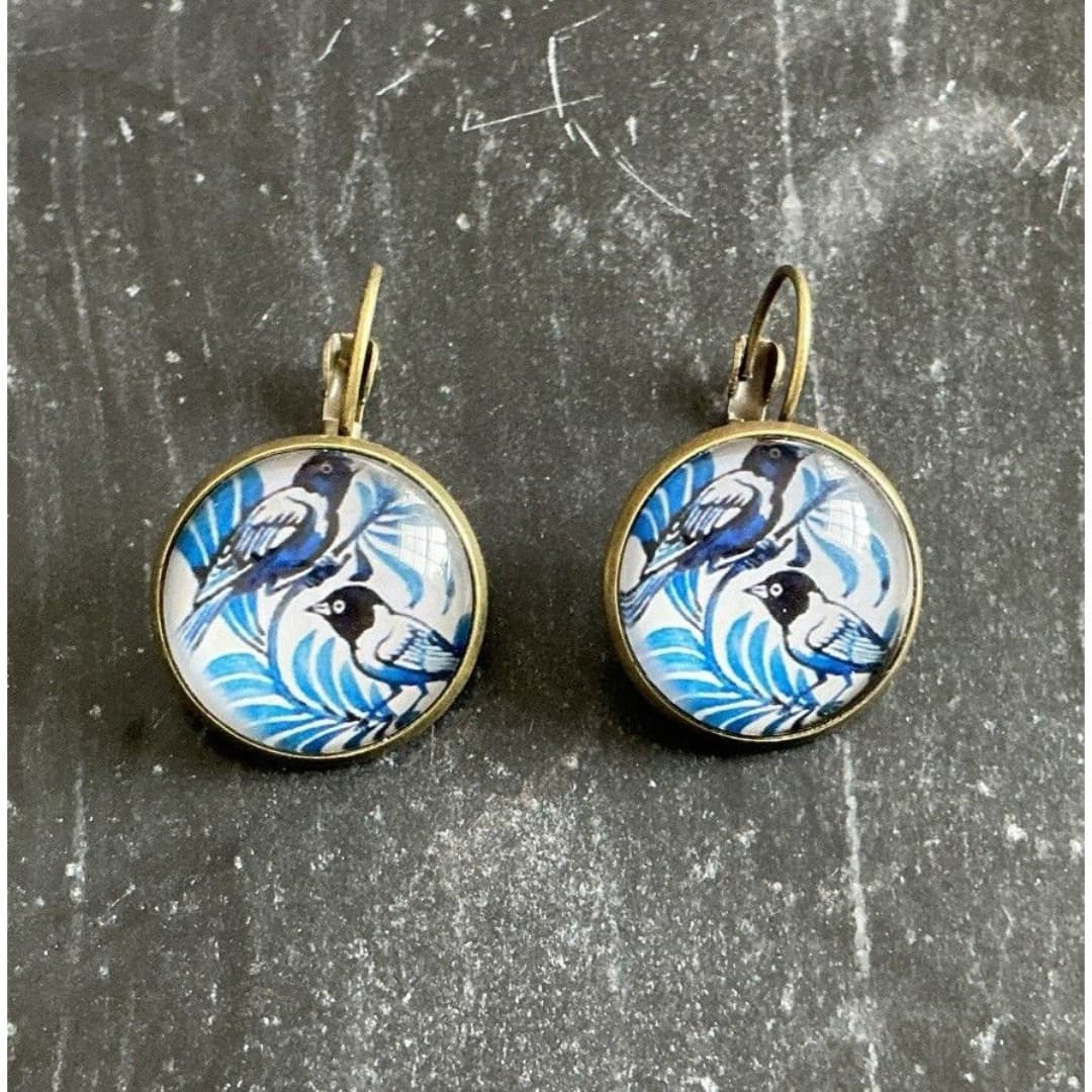 Blue White Stain Glass French Blue Bird Vintage Style Earrings