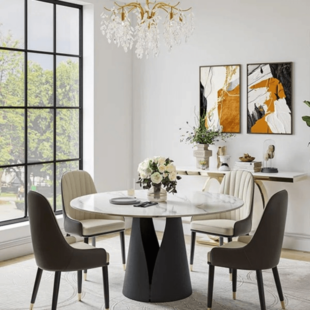 Wrought Studio Vera Modern Round Dining Table, Sintered Stone Tabletop With Carbon Steel Pedestal Base for Kitchen
