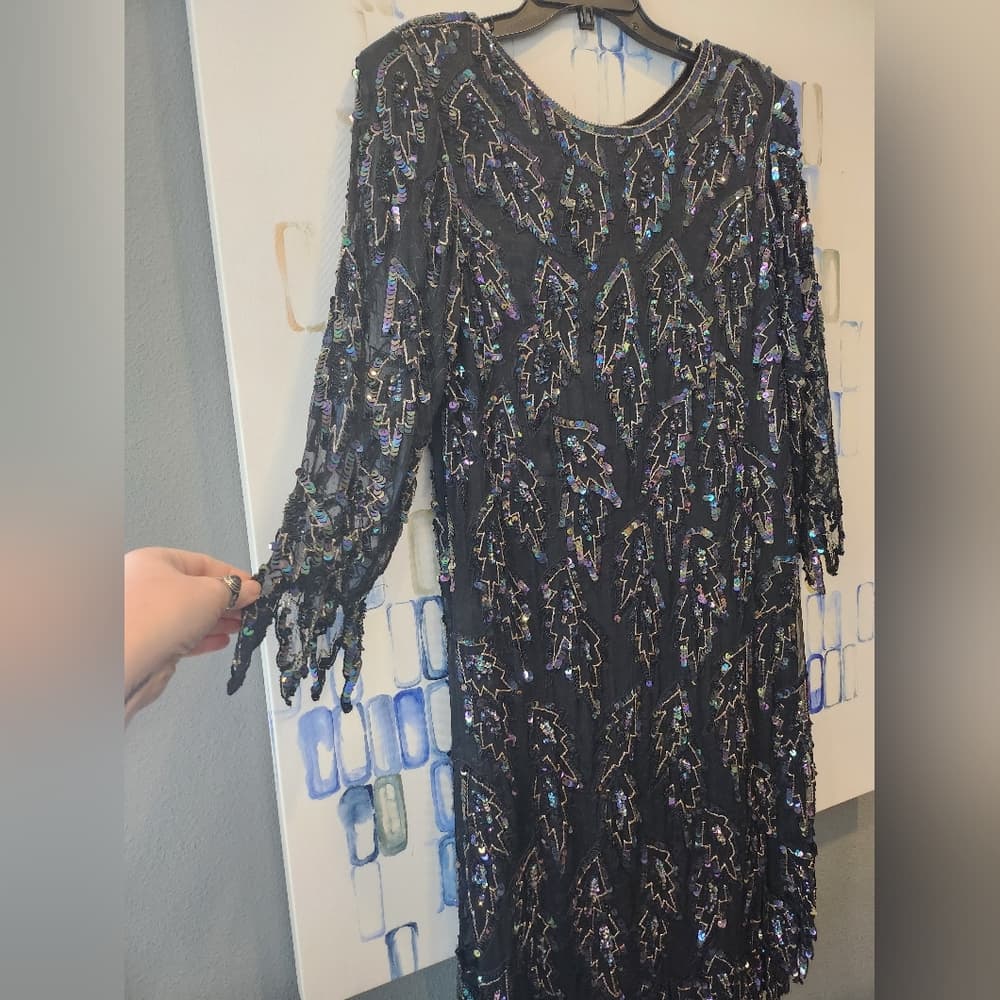 Vintage Scala Black Oil Slick 20s Style Sequin And Beaded Coctail Formal Dress