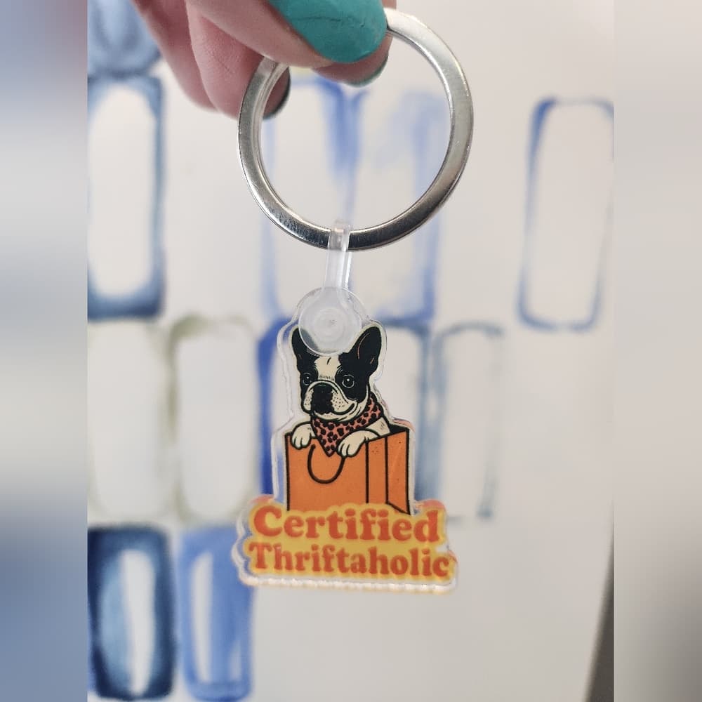 Certified Thriftaholic Keychain With Frenchie And Shopping Bag