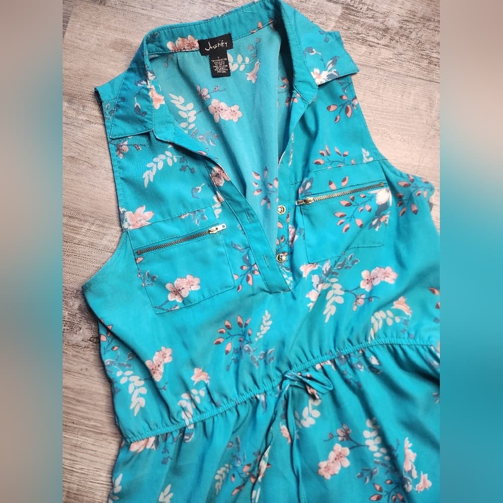 Justify Teal And Pink Floral Summer Dress With Zipper Pockets