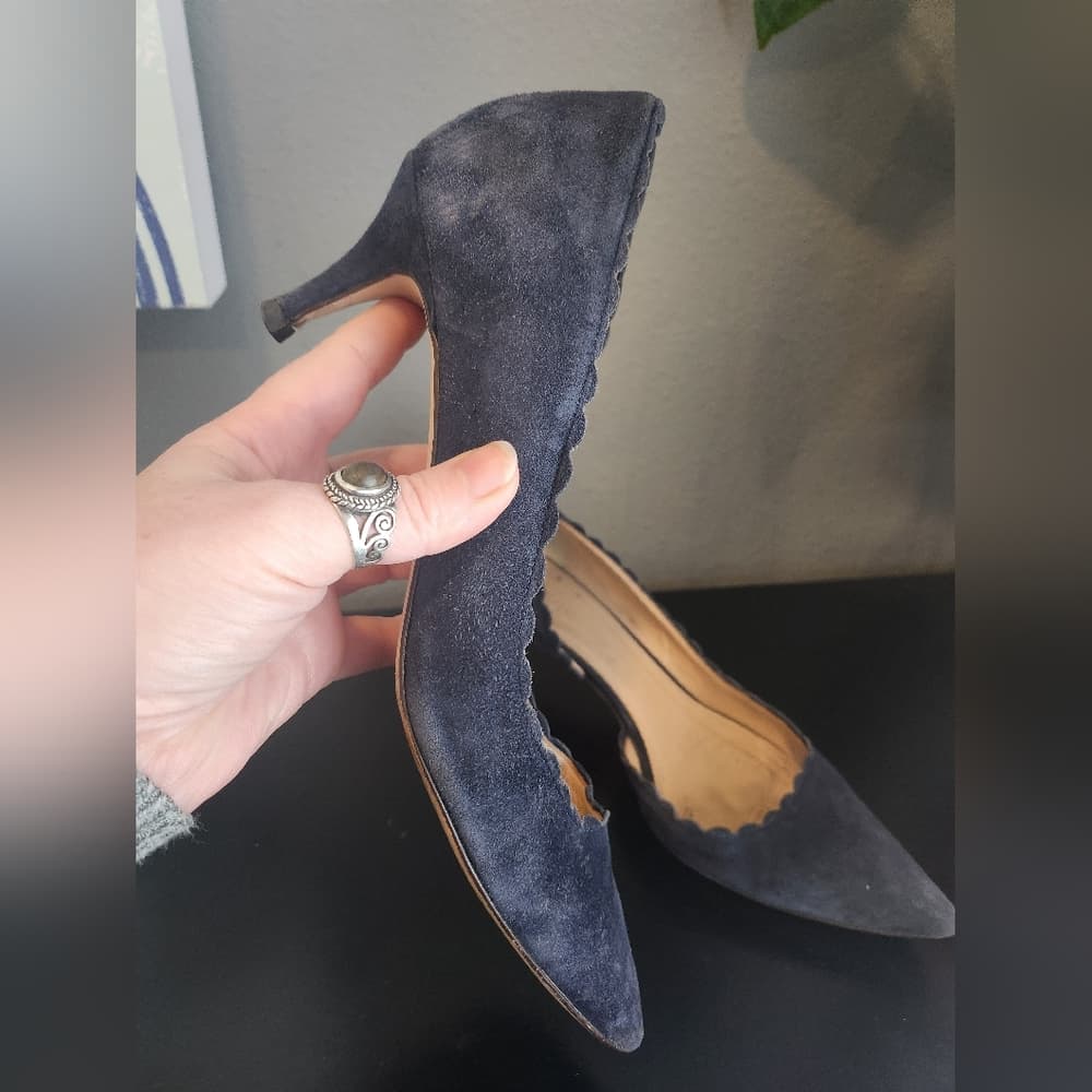 J. Crew Scalloped Edge Navy Blue Suede Pumps Made In Italy