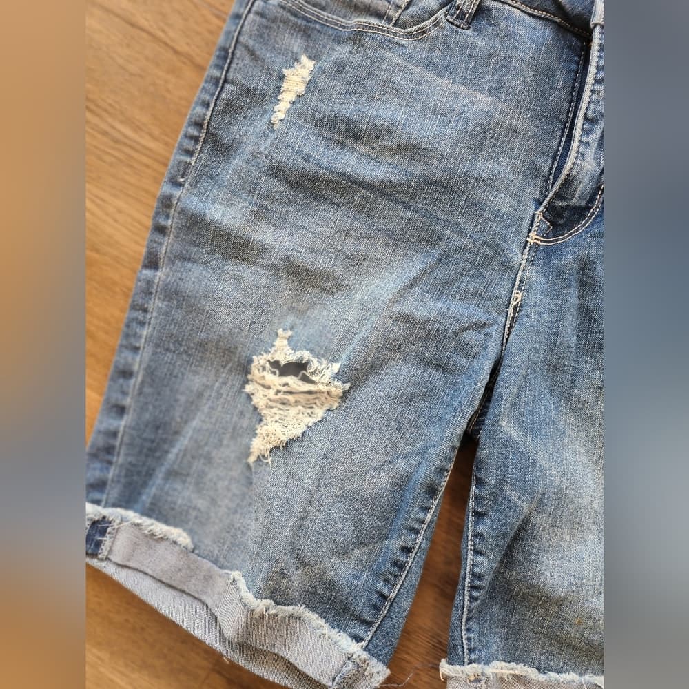 Angels Distressed Denim Stretchy Bermuda Jean Shorts