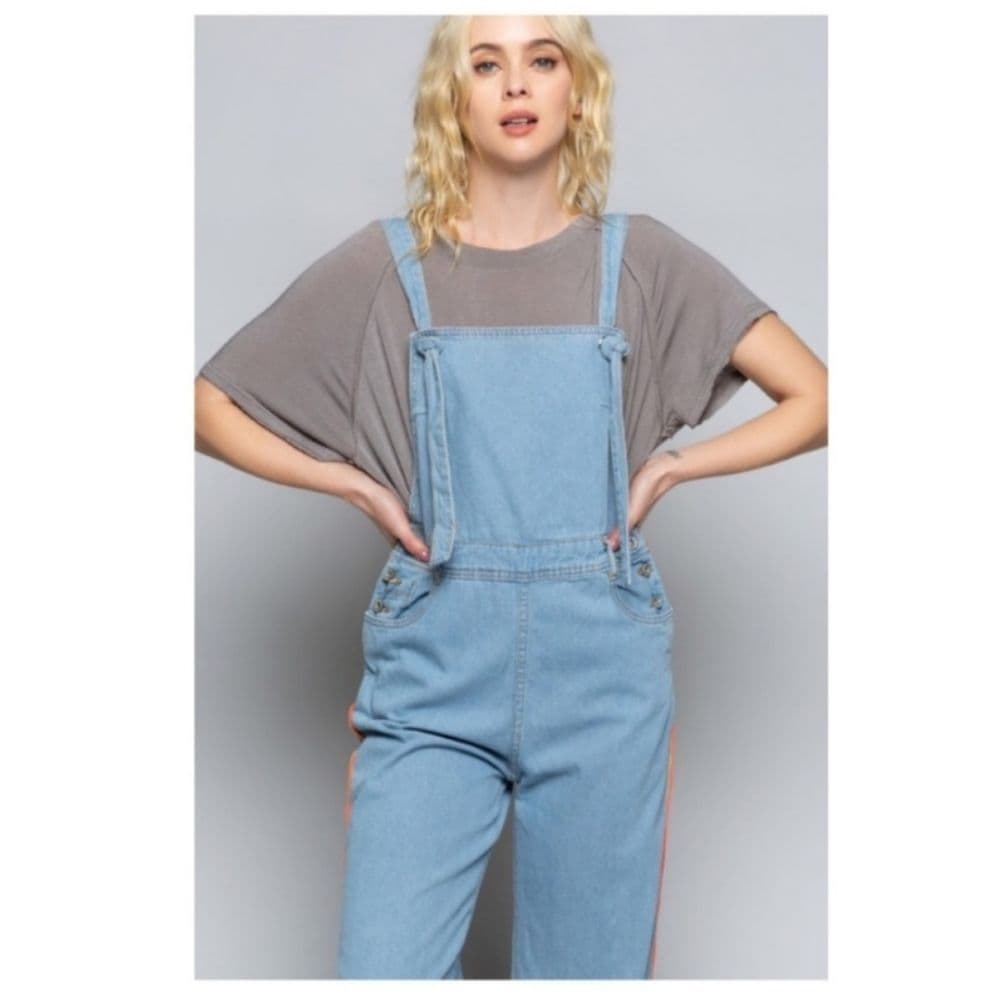 POL Light Denim Orange Trimmed Open Back Boyfriend Fit Overalls