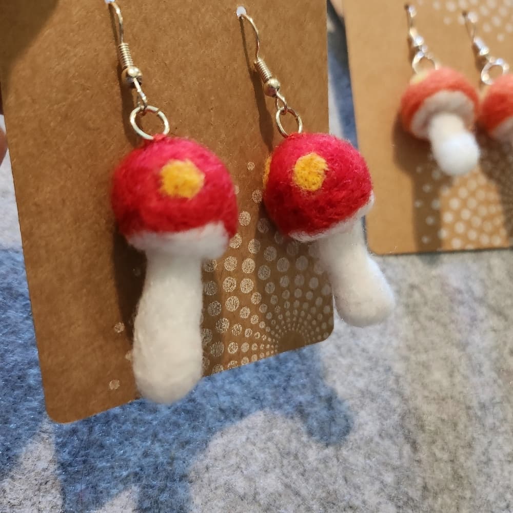 Retro Red Yellow And White Polka Dot Needlefelted Handmade Mushroom Earrings