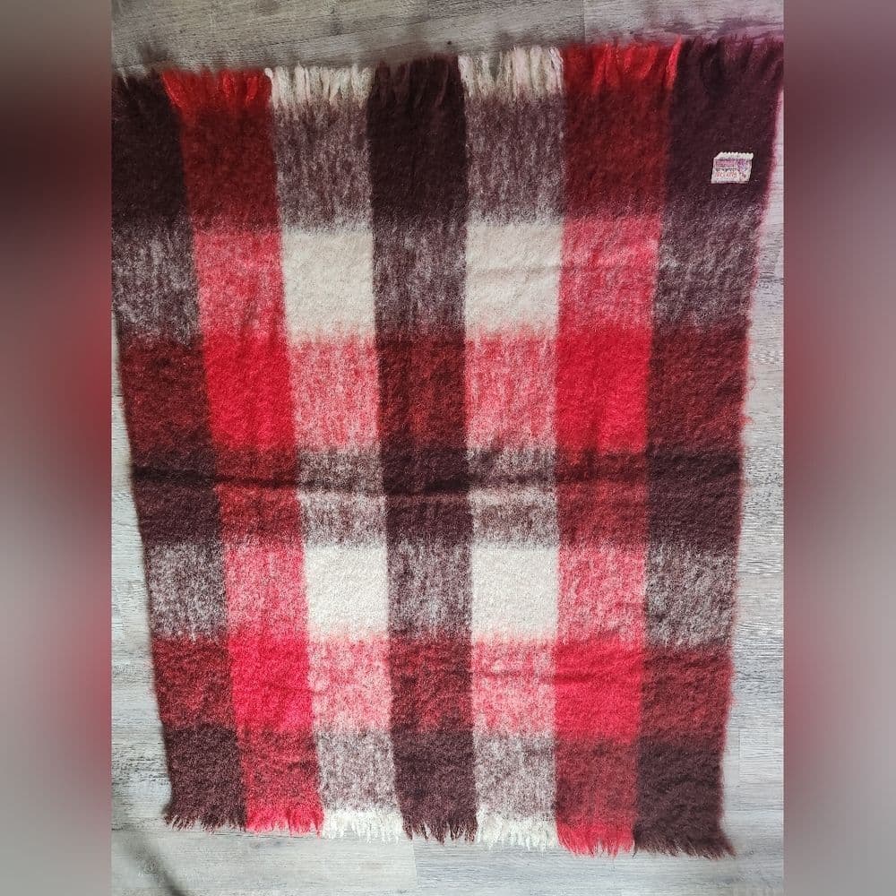 Vintage Mid Century Glen Cree Red and Brown Mohair Throw Blanket