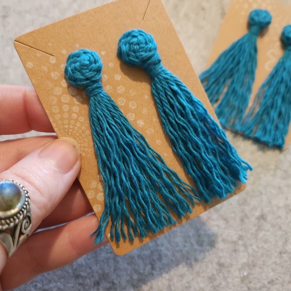 2 For 15- Turquiose Handmade Macrame Pinwheel + Fringe Statement Tassel Earrings