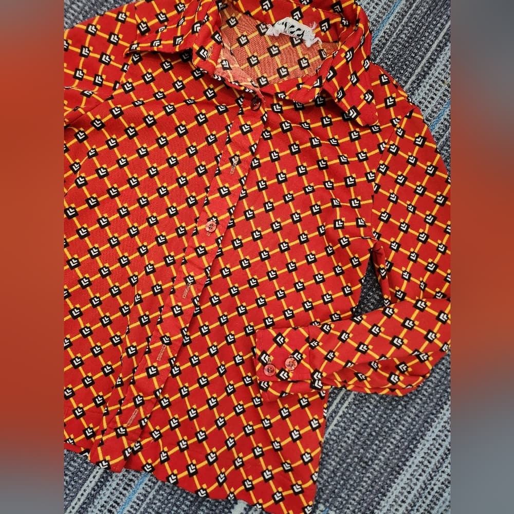 Vintage Red Geometric Patterned Long Sleeve Button Up Blouse