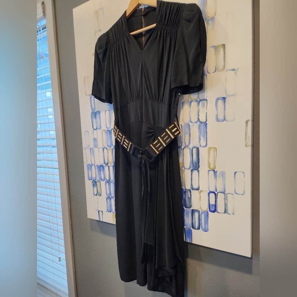 Vintage 1930s Black Crepe Midi Dress Wrap Style front With Belt
