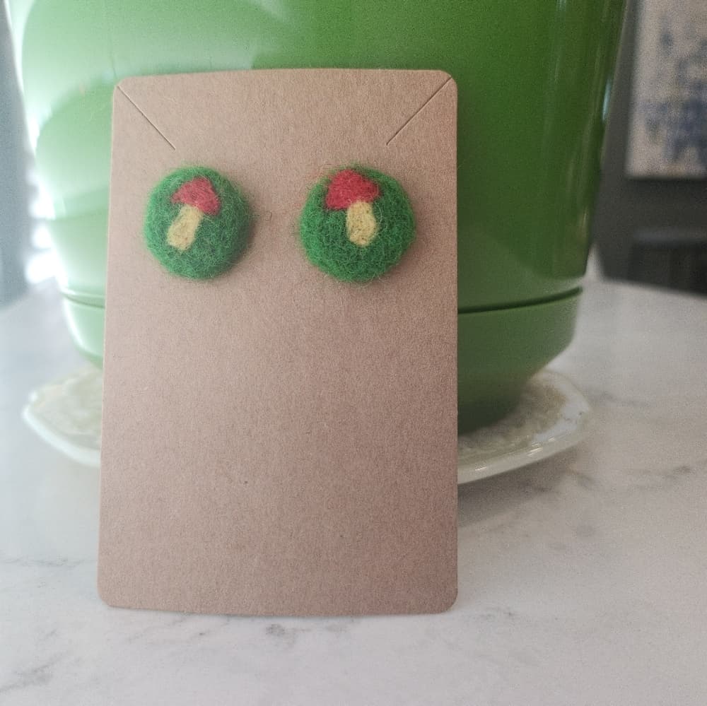 Green Yellow And Red Needlefelted Mushrrom Stud Earrings