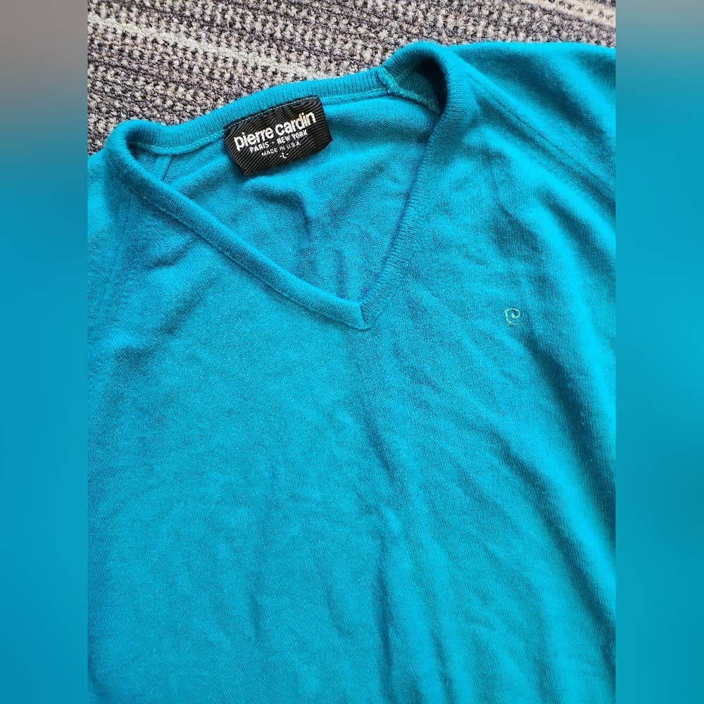Vintage Pierre Cardin Teal Soft V Neck Pullover Sweater