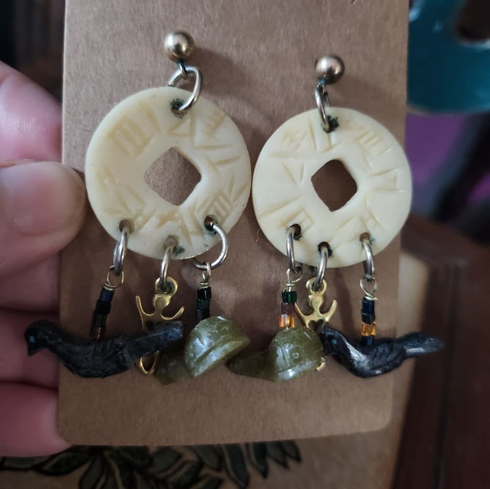 Tribal Style Carved Bone Animal Gemstone Post Back Earrings