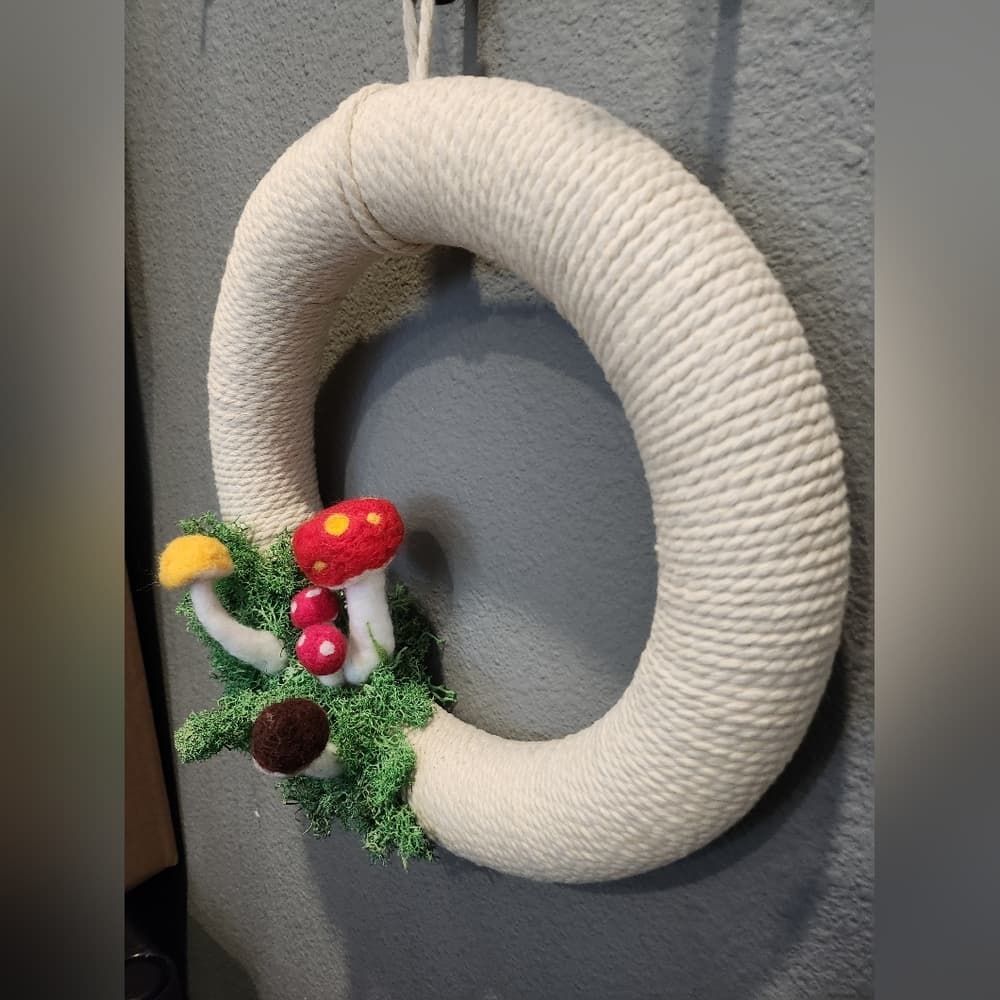 Off White Needlefelted Colorful Mushroom And Moss Hanging Wreath