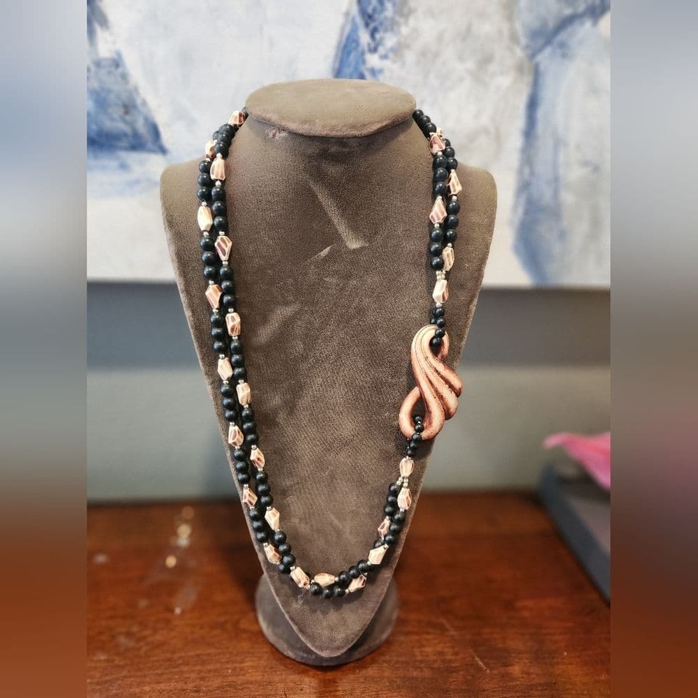 Vintage Brown and Black Plastic Beaded Double Layer Ornate Artsy Necklace