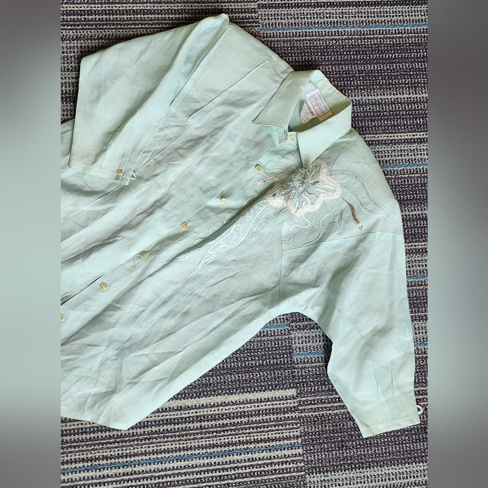 Vintage Anne French Light Turquiose Textured Abstract Blouse