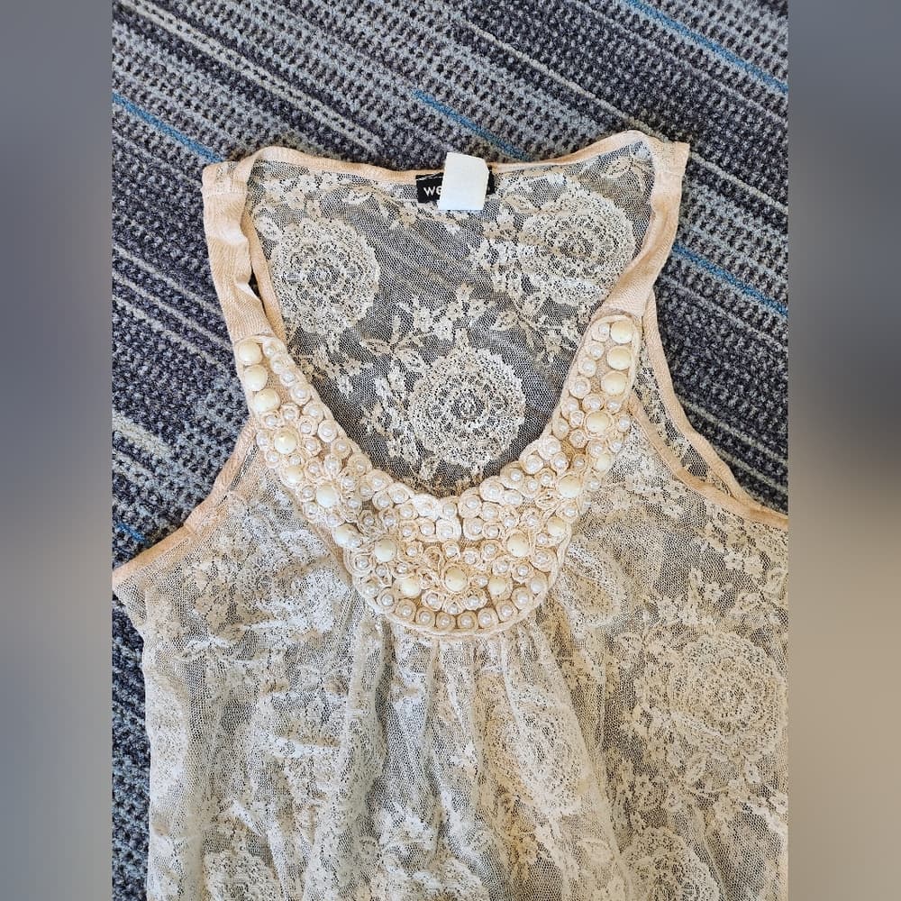Y2K Wet Seal Lace Sheer Off White Beaded Tank Top