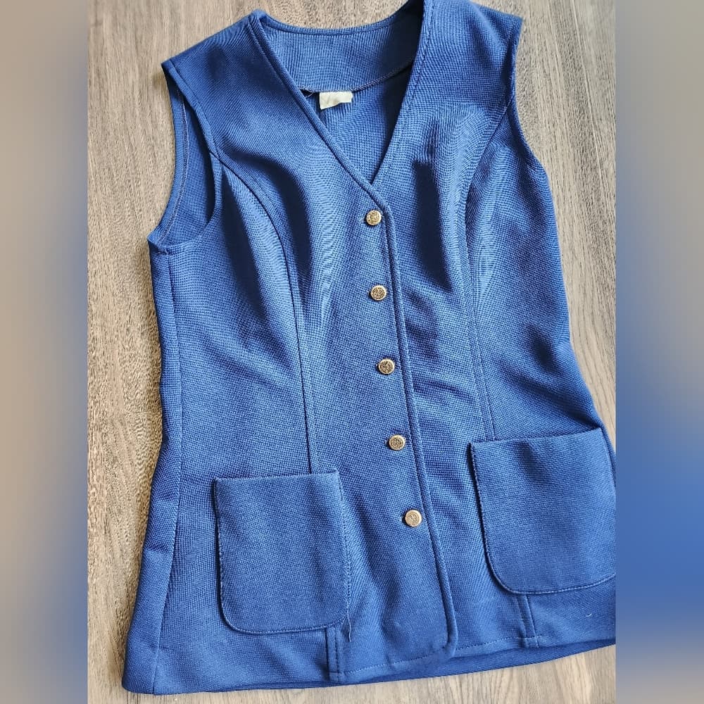 Vintage Mod 60s Blue Tailored Button Down Sleeveless Vest with Pockets s/m