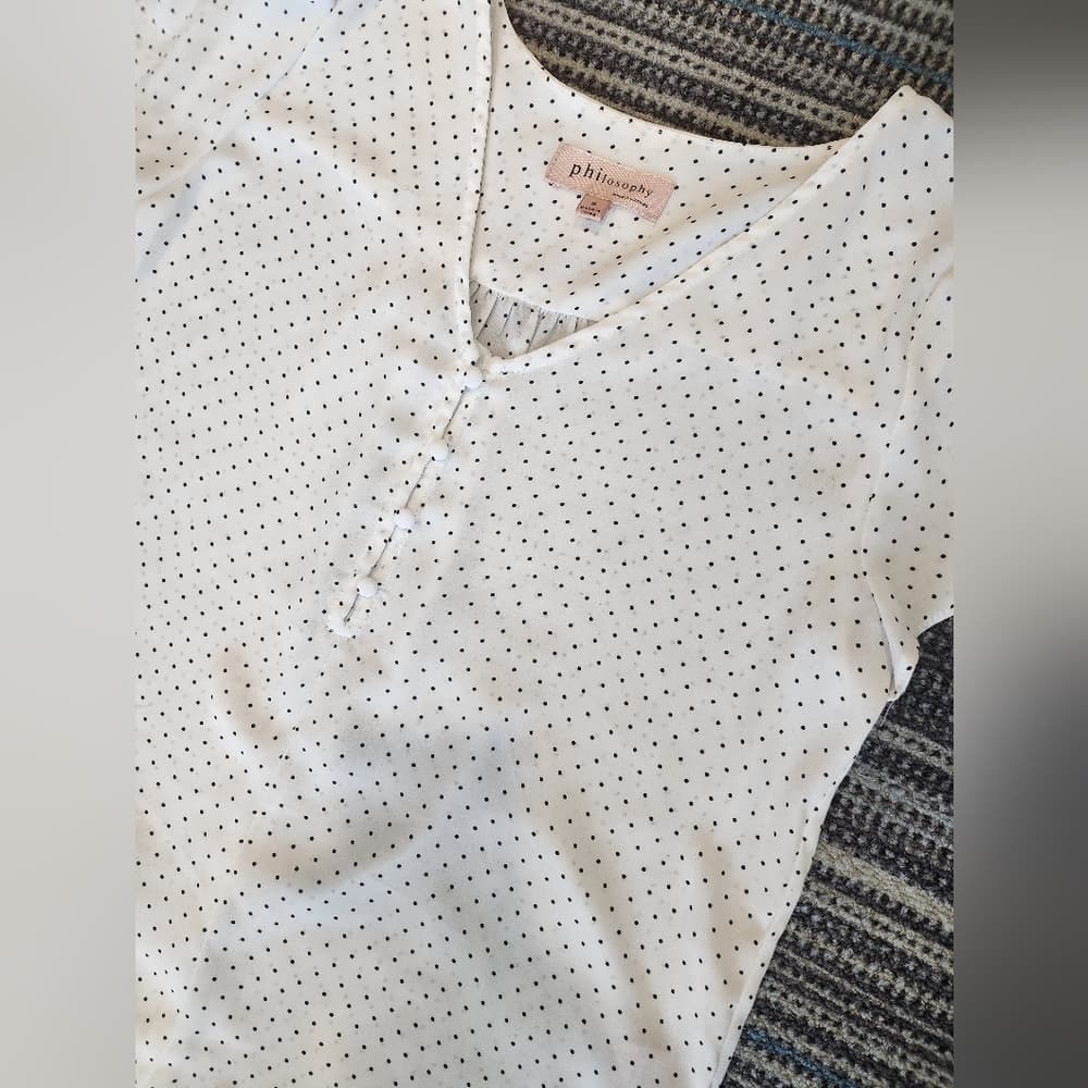Philosophy White and Black Polkadot Short Sleeve Blouse