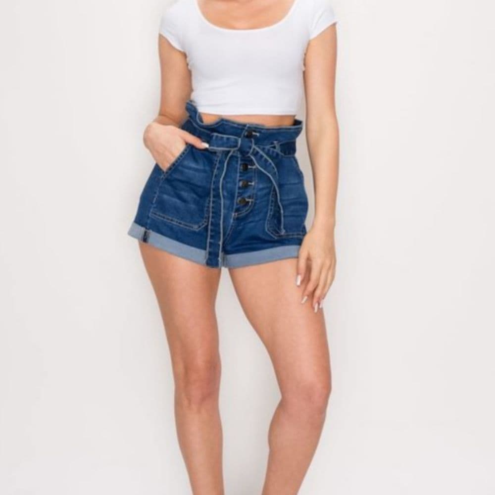 Plus Size Medium Wash Denim High Waist Button Fly Paper Bag Shorts with …