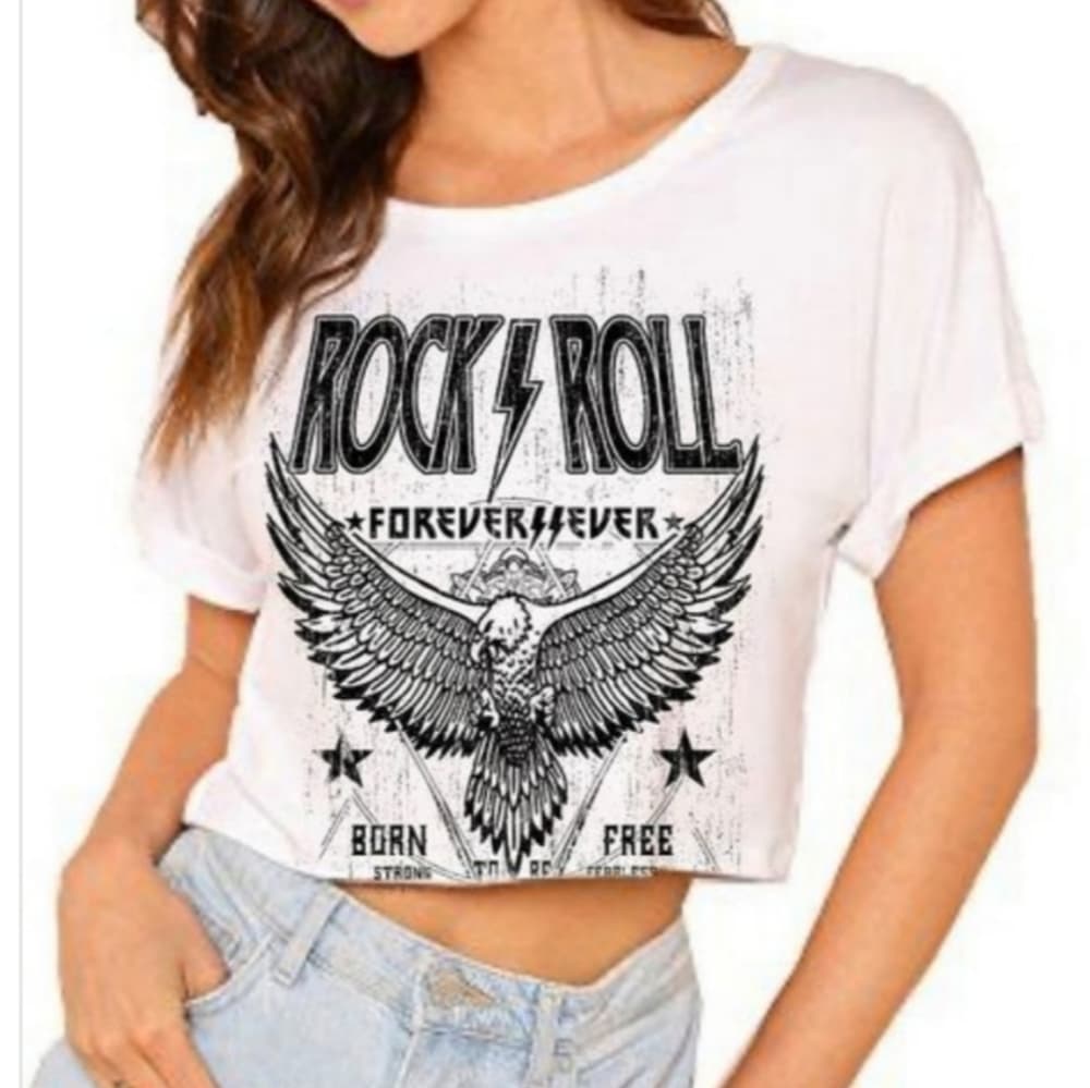 White Oversized Cropped Rock + Roll Graphic Tee Born Free