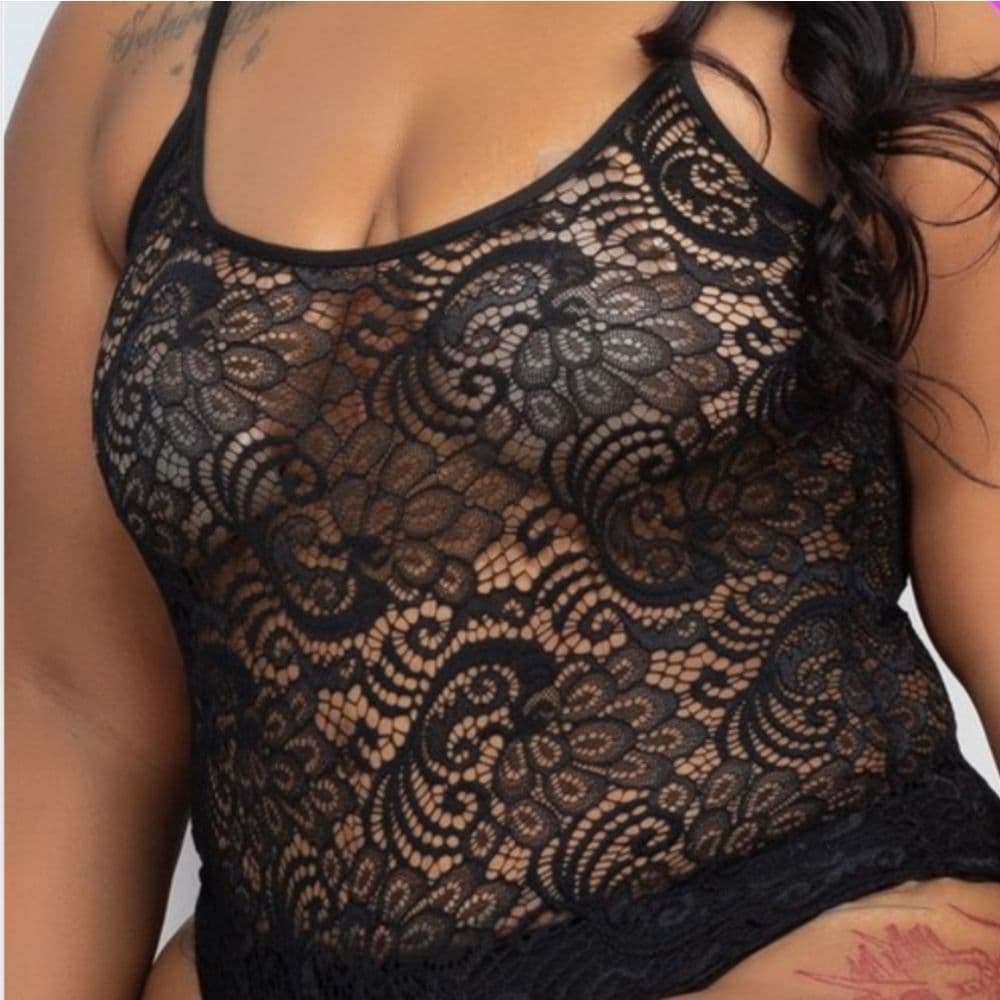 Plus Size Sexy Black Sheer Floral Lace Body Suit Criss Cross Back