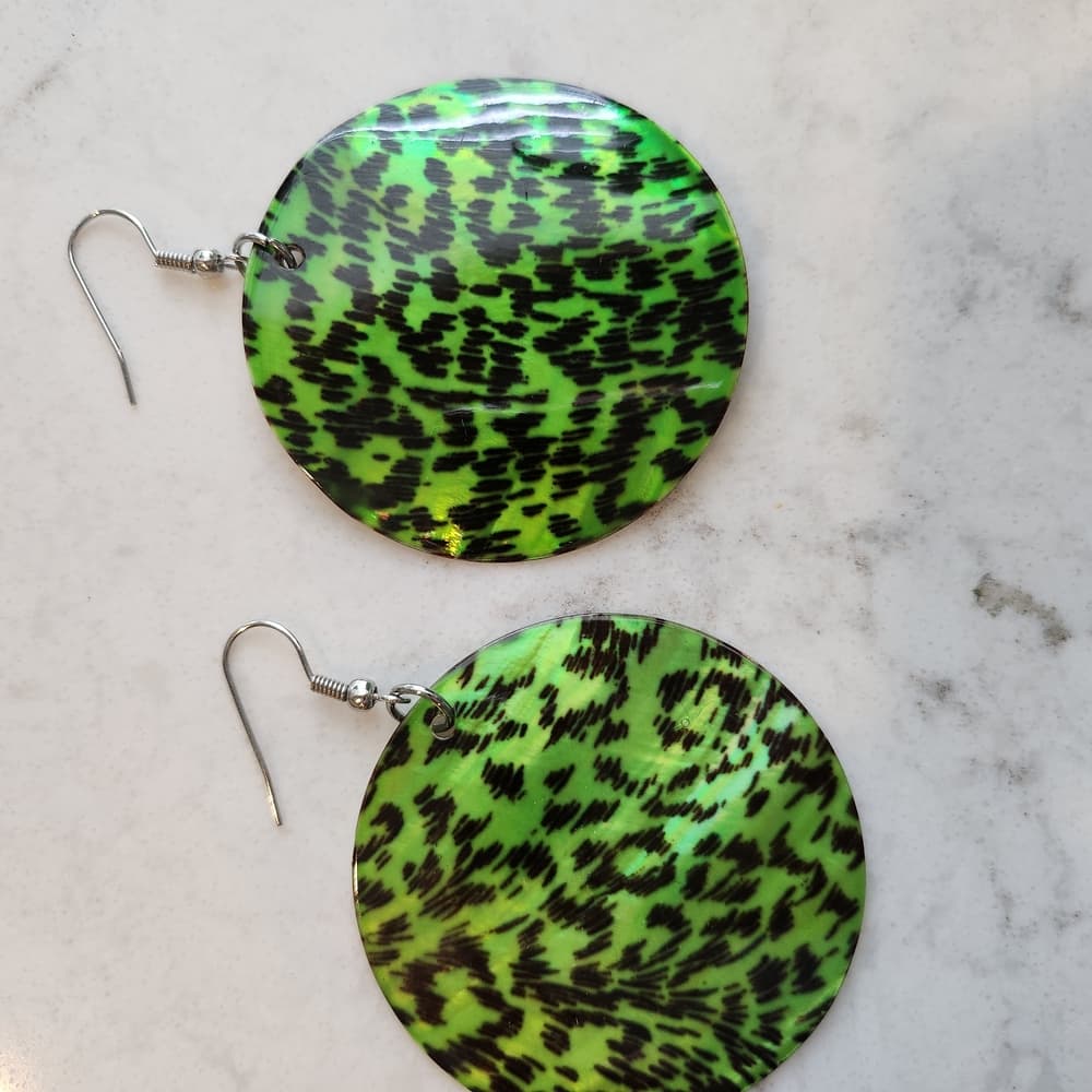 Funky Green and Black Patterned Large Rpund Shell Earrings