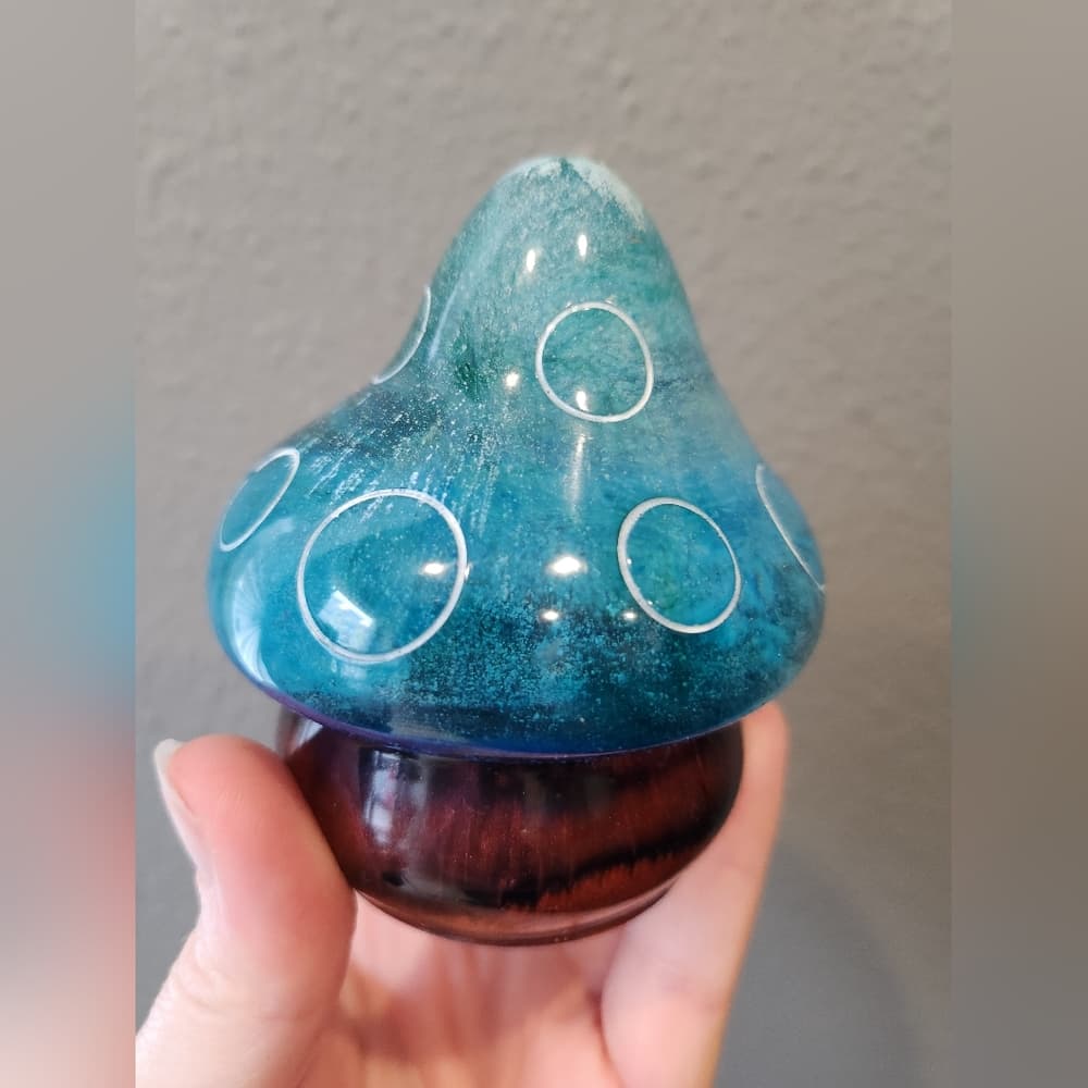 Handmade Resin Mushroom Teal and White with Red Metallic Stem