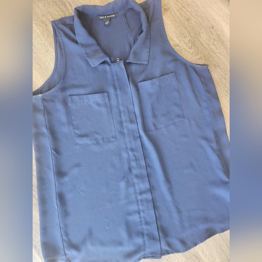 Zac & Rachel Blue Sleeveless Semi Sheer Zip Up Blouse